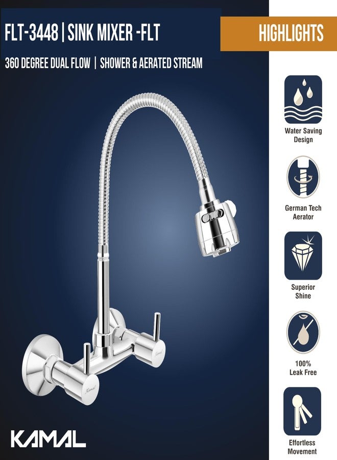KAMAL Brass Sink Mixer FLT (Hot & Cold Mixer) Two Knobs | Fully Flexible SS 304 Spout with Dual Flow Switch | Shiny Chrome Finish - Silver - Image 3